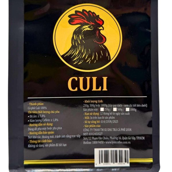 Túi cà phê hạt Culi chính hãng Lyon Coffee chụp chính diện
