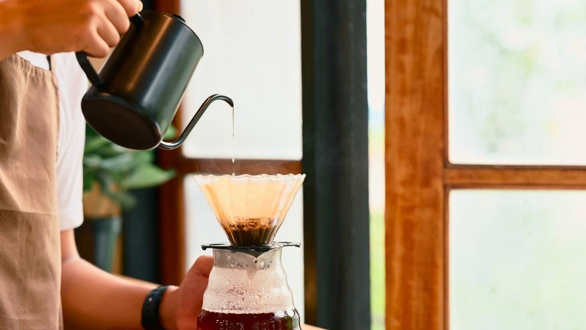 Ấm rót cổ ngỗng tay gỗ có nhiệt kế 600ml dùng pha cà phê