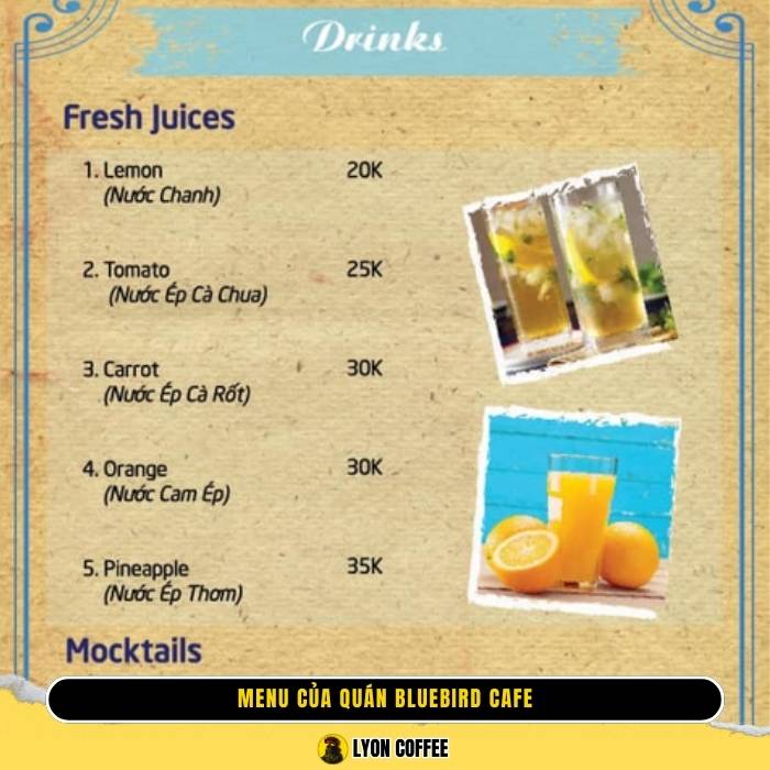 Menu của quán Bluebird Cafe ở Trích Sài Hà Nội