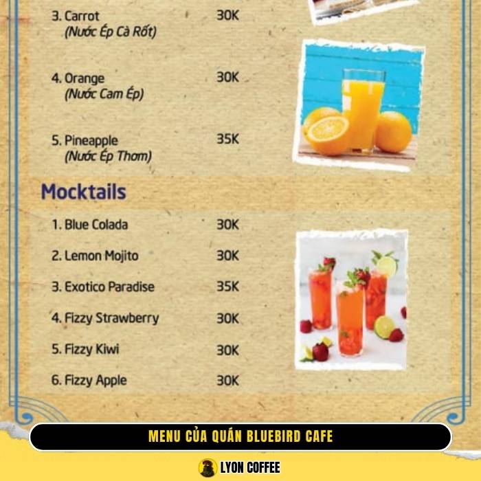 Menu của quán Bluebird Cafe ở Trích Sài Hà Nội
