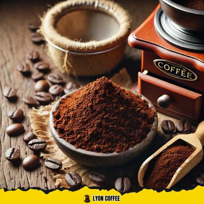 Bột cà phê Robusta đậm đặc trên nền gỗ, bên cạnh là phin pha cà phê truyền thống