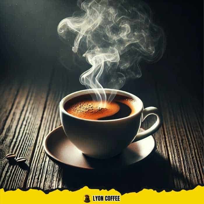 Tách cà phê Robusta đậm đà với hơi nước bốc lên trên nền gỗ tối