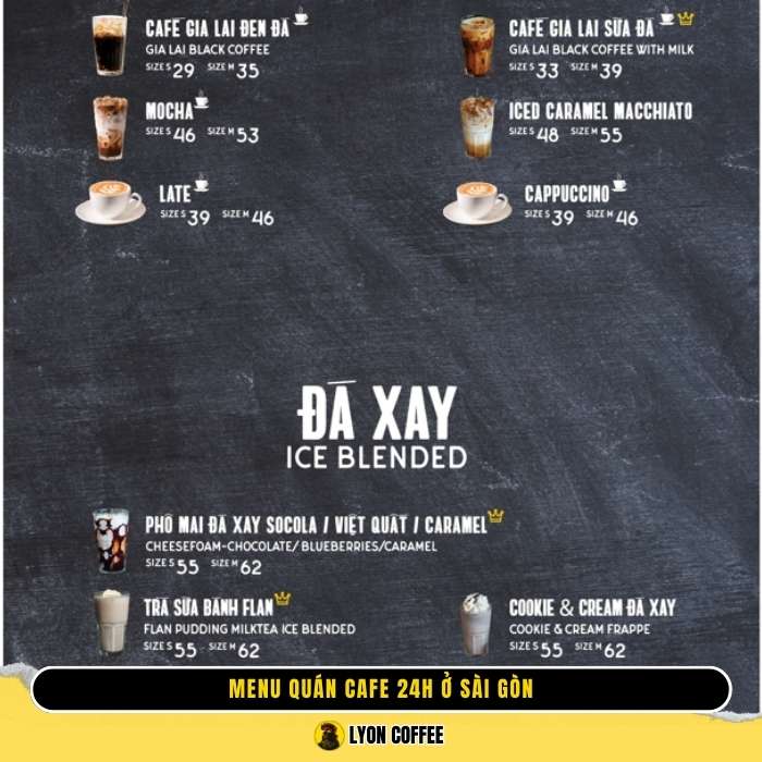 Menu đa dạng tại các quán cafe mở 24h ở Sài Gòn