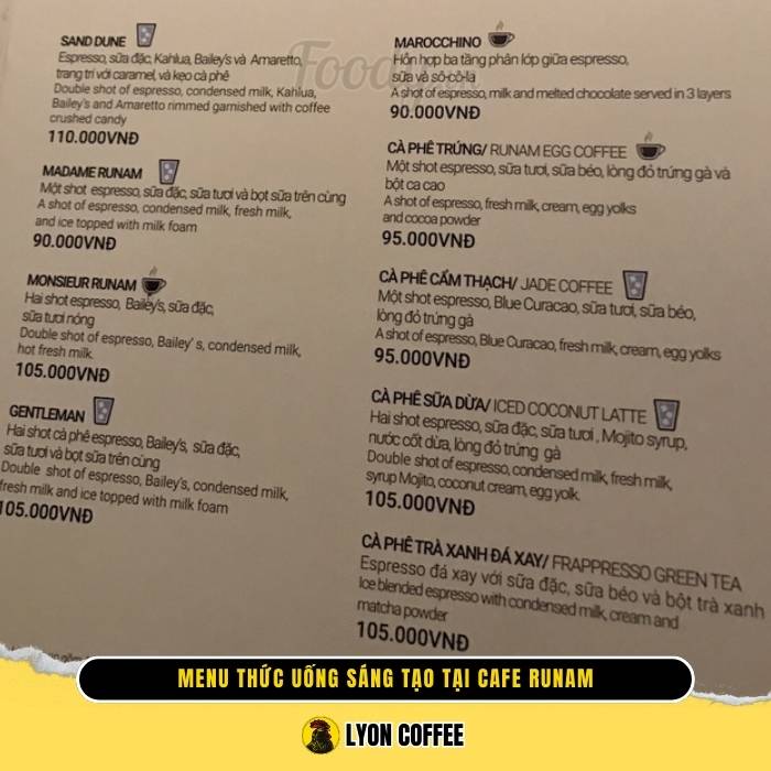 menu quán cà phê RuNam Bistro Đồng Khởi Quận 1
