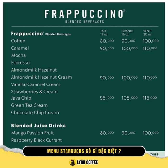 Menu cafe Starbucks