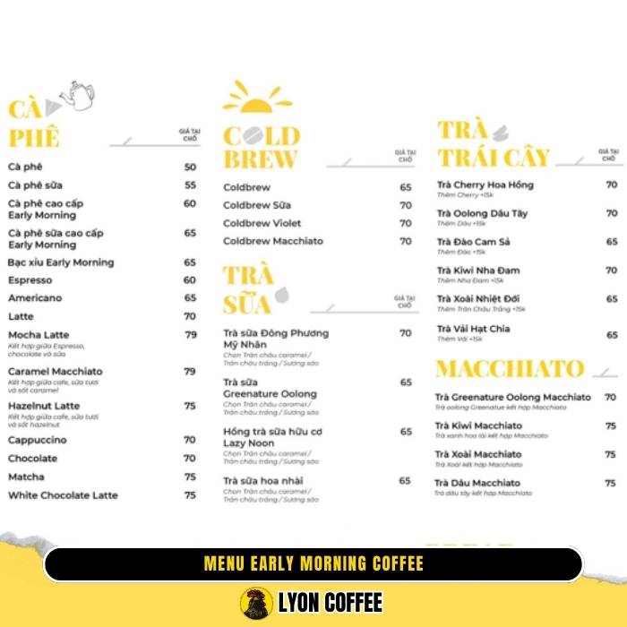 Menu quán cafe Early Morning Coffee & Tea