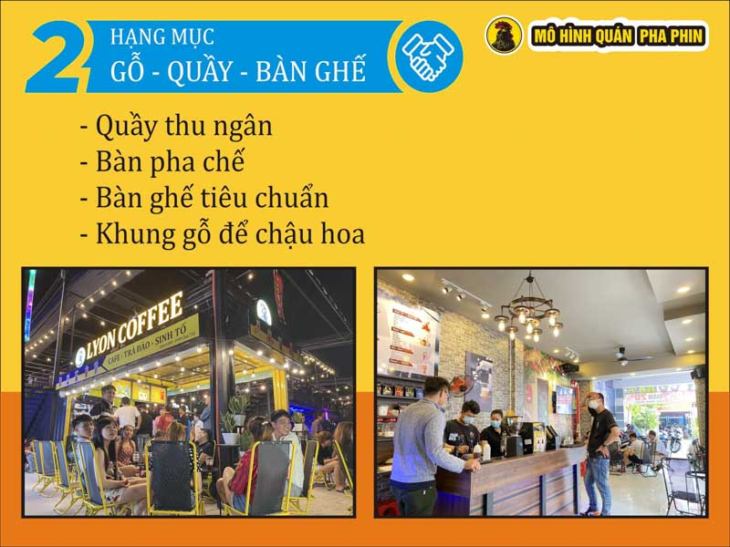 Hạng mục gỗ, quầy, bàn ghế trong mô hình quán kinh doanh cà phê hạt rang xay nguyên chất