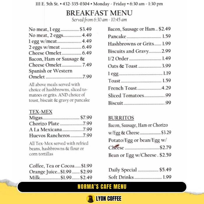 Hình ảnh menu thực đơn quán Norma’s Cafe