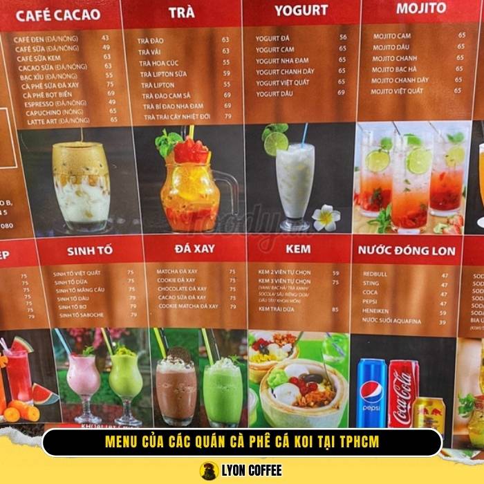 Menu của các quán cà phê cá koi tại TPHCM