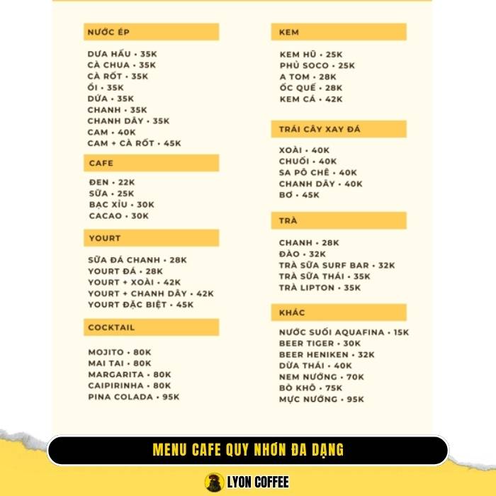 Hình ảnh menu thực đơn quán cafe Quy Nhơn
