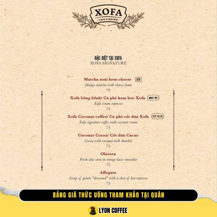 Hình ảnh giá menu thức uống quán Xofa Cafe Tống Duy Tân