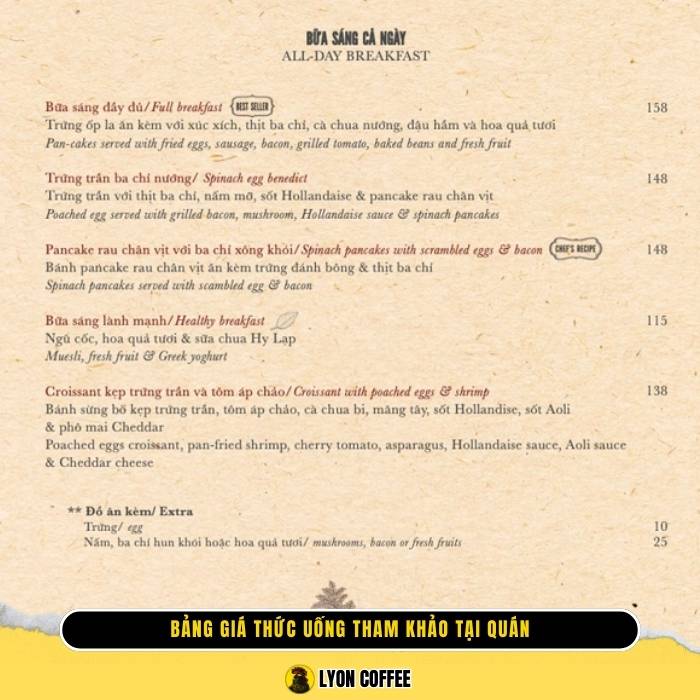 Hình ảnh giá menu bữa sáng
